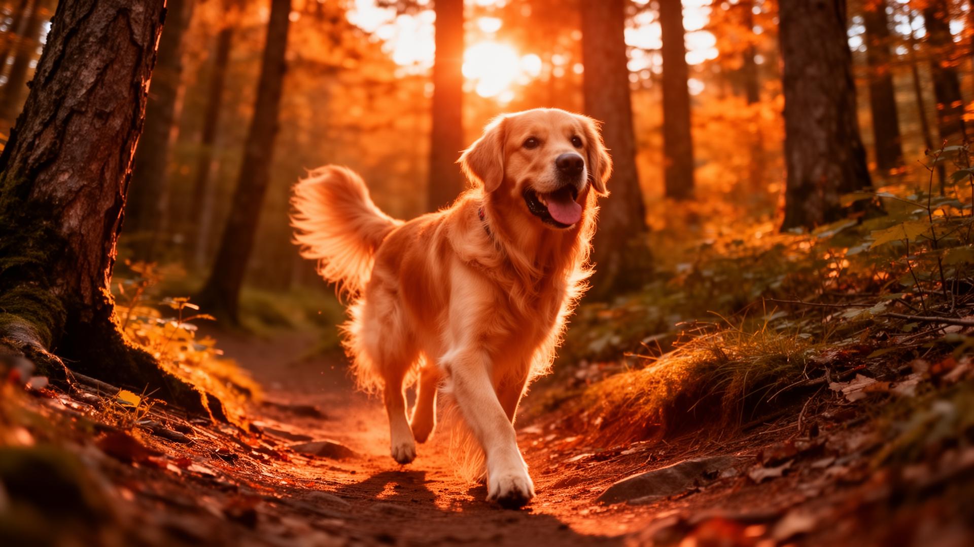 Golden retriever hiking on a forest trail at golden hour